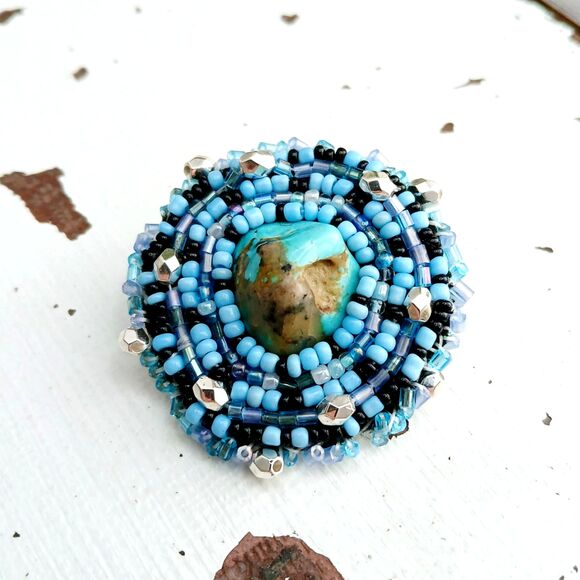 Turquoise Gemstone Beaded Embroidery Brooch, Beaded Accessories, 1.75" - Picture 3 of 6